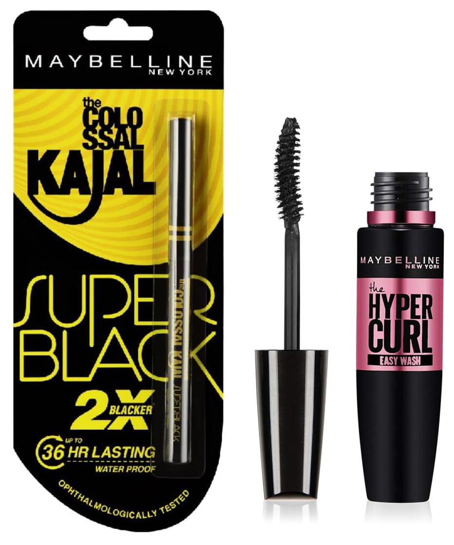 Maybelline New York Colossal Kajal, Super Black, 0.35g and Maybelline New York Hypercurl Mascara Washable, Black, 9.2ml