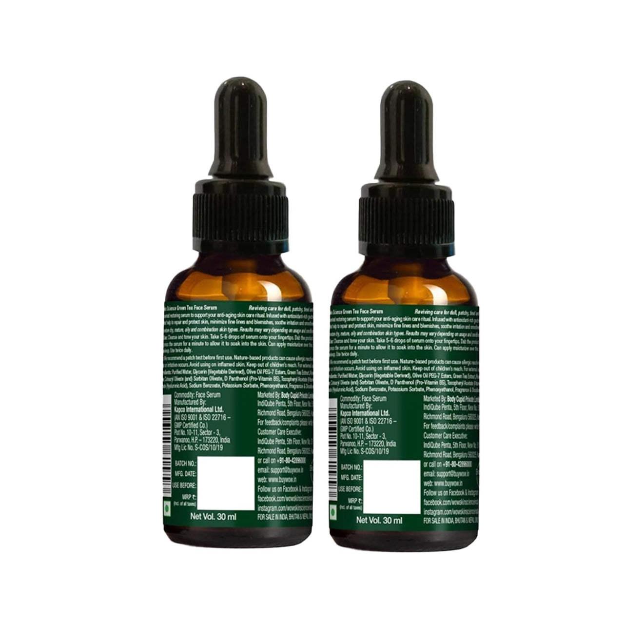 WOW Skin Science Green Tea Face Serum | Aloe Vera Extract with Pro Vitamin B5 & Vitamin E | Anti Aging, Skin Repair | Blemishes, Fine Lines, Smooth Skin | No Parabens | 30 ml | Pack of 2