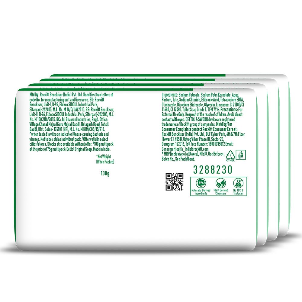 Dettol Original Germ Protection Bathing Soap Bar (400gm) | Kills 99.99% germs, 100g - Pack of 4