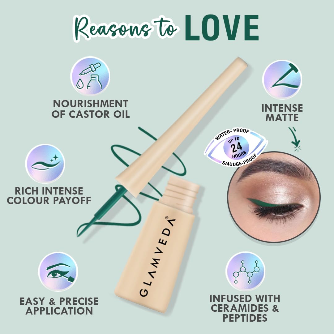 Glamveda Super Matte Liquid Eyeliner – Green, Smudge-Proof, Waterproof, Quick Drying | 24-Hour Long Stay | Smooth Application | Bold, Clean, Smudge-Free Look