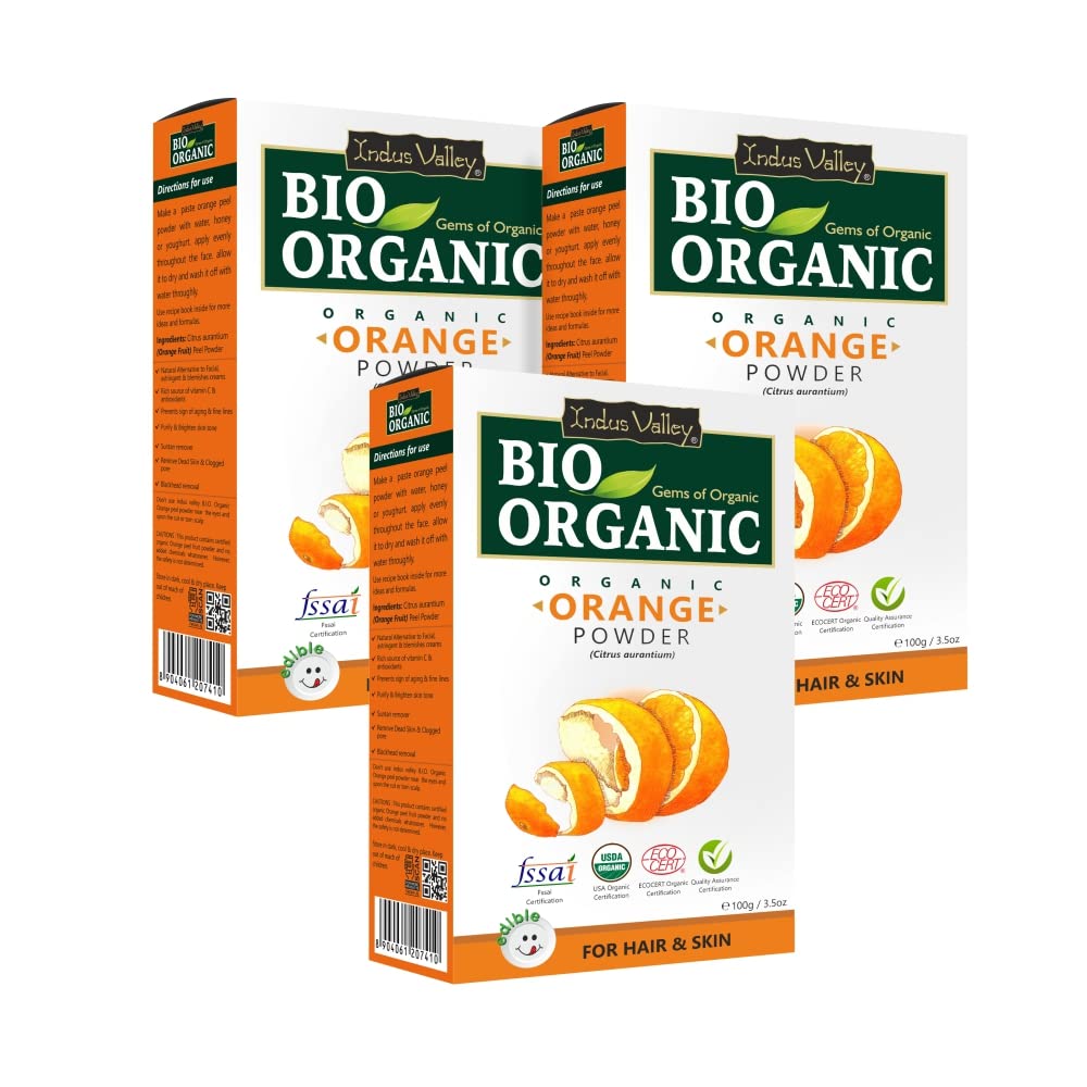 INDUS VALLEY Organic Orange Peel Powder | Citrus aurantium, For Face & Skin Care - Set Of 3(100g x3 = 300g)