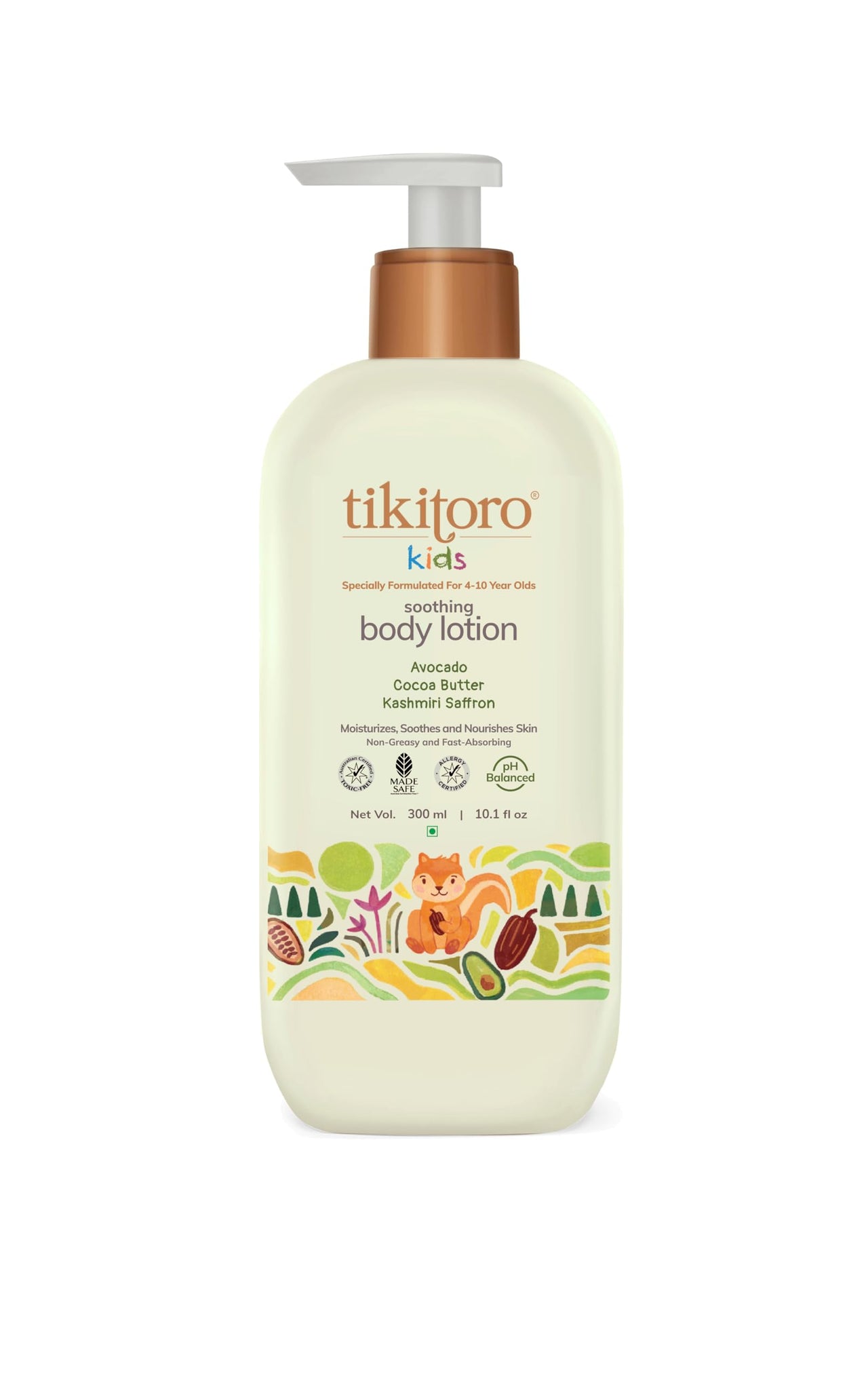 Tikitoro Kids Soothing Body Lotion | Pediatrician Approved | Moisturizes, Soothes & Nourishes Skin |100% Vegan with Avocado, Cocoa Butter, Kashmiri Saffron Extract |Daily Use (Age: 4+ Years) (300 x 1)