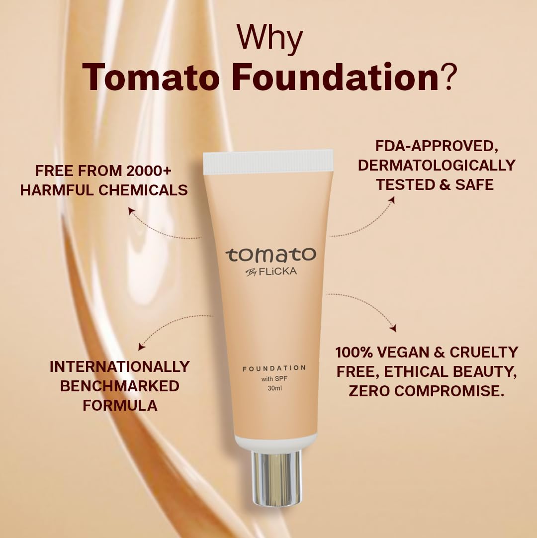 FLiCKA Tomato Liquid Foundation for Face Makeup 30ml | Light to Medium to Buildable Coverage | Moisturizing, Lightweight & Long Lasting | All Skin Types | 03 Caramel
