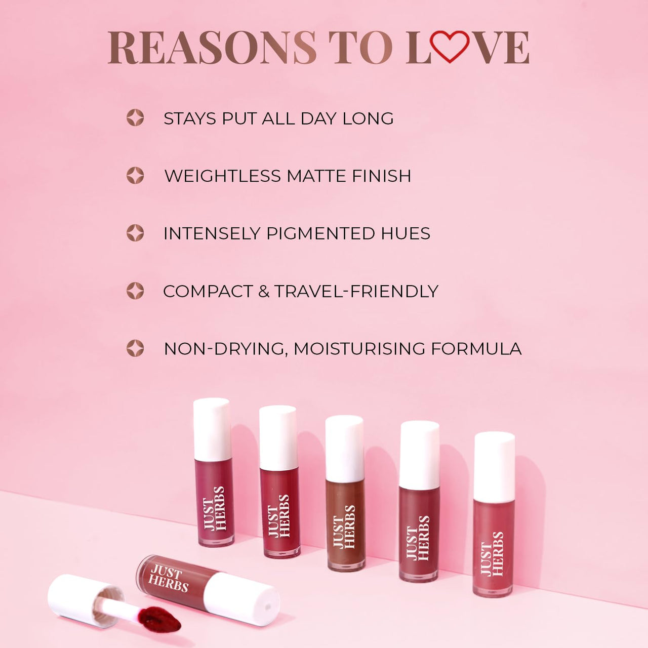 Just Herbs Ayurvedic Liquid Matte Lipstick Kit Set Of 5 With Long Lasting, Hydrating & Lightweight Lip Colour, Brights & Pinks - Paraben & Silicon Free - 5 Ml