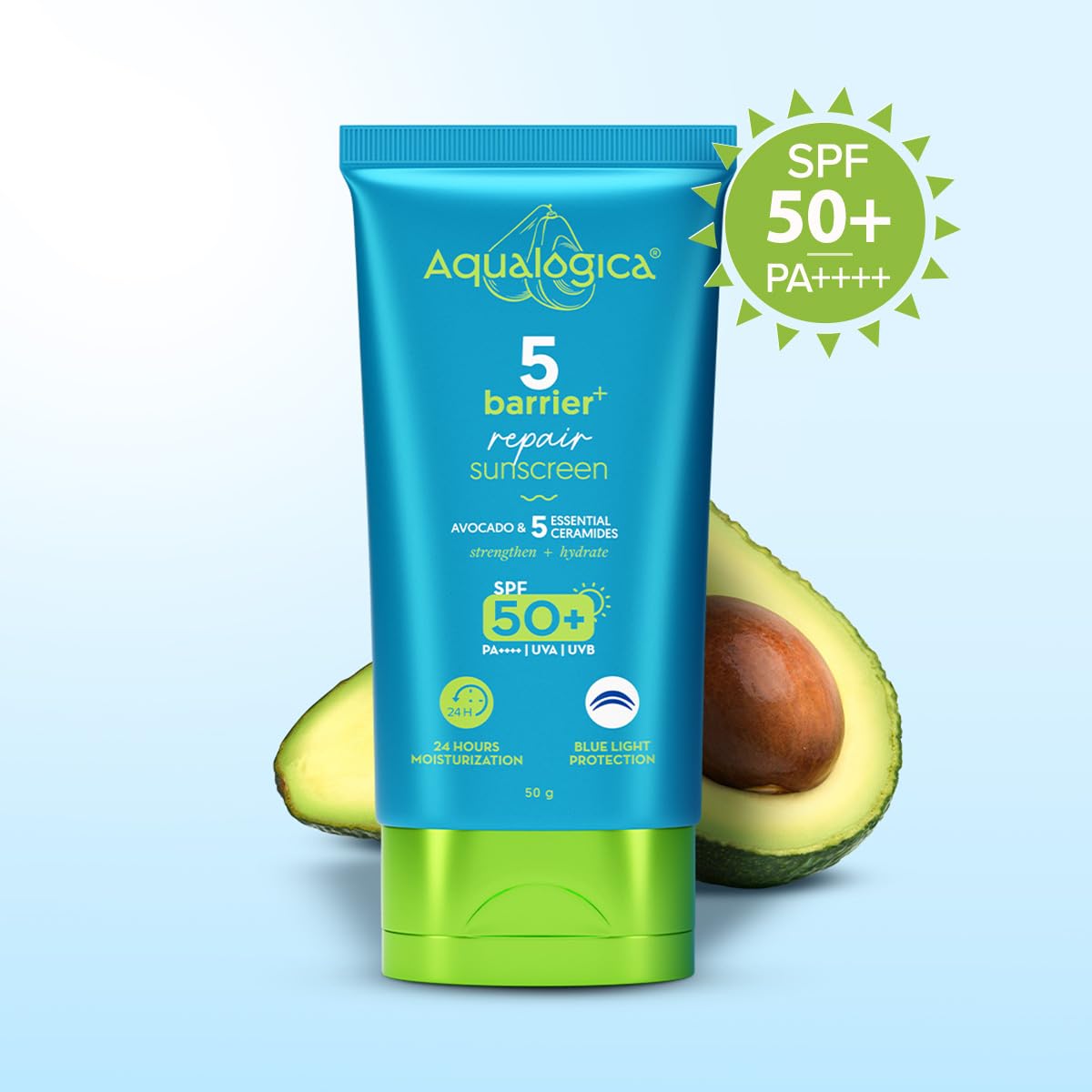 Aqualogica 5 Barrier+ Repair Sunscreen with Avocado & 5 Essential Ceramides | SPF 50 PA++++ | UVA/B & Blue Light Broad Spectrum Protection | Strengthens Skin Barrier | 24 Hr Moisturization | Fragrance Free | 50 g