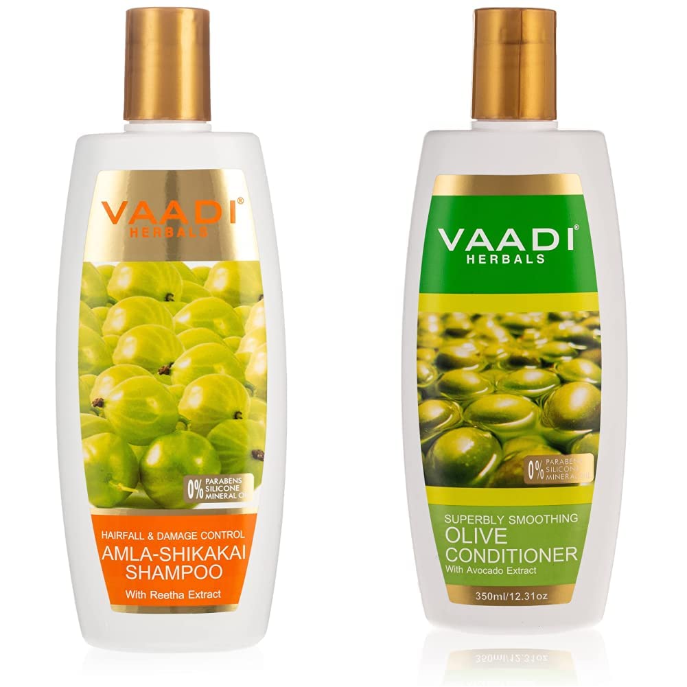 Vaadi Herbals Amla Shikakai Shampoo, Hairfall and Damage Control, 350g And Vaadi Herbals Olive Conditioner with Avocado Extract, 350 ml