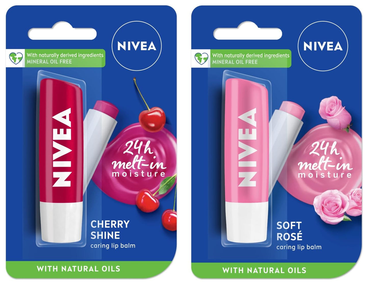 NIVEA Lip Balm, Fruity Cherry Shine, 4.8g And NIVEA Lip Balm, Soft Rose, 4.8g