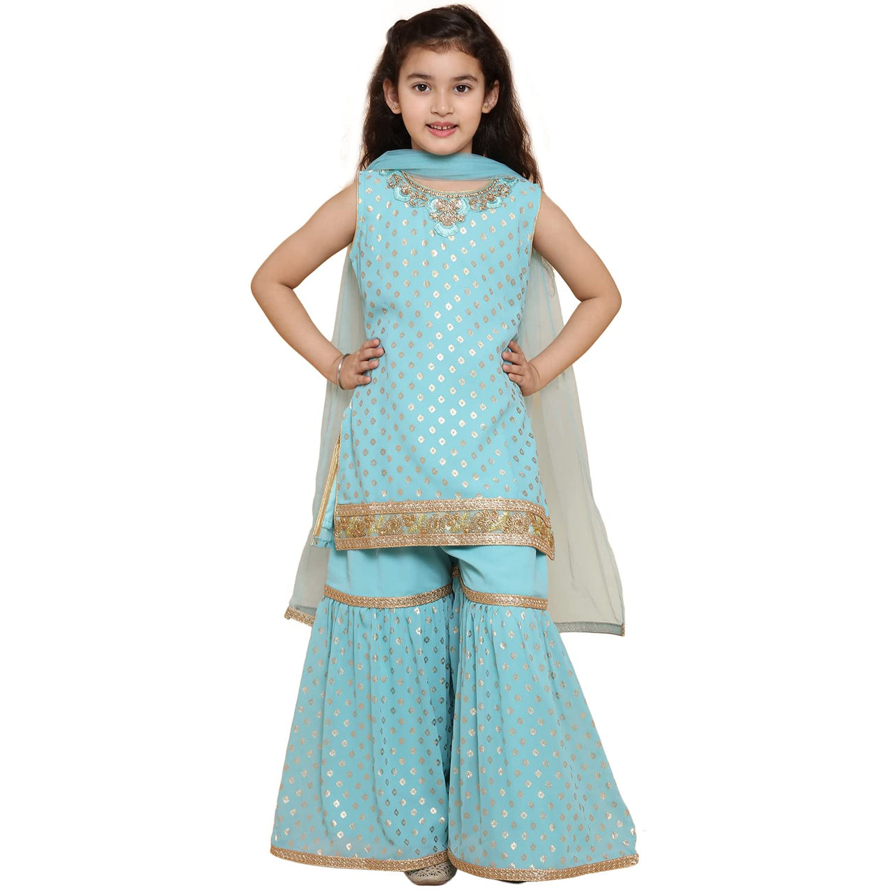 AJ DEZINES Kids Foil Print Sleeveless Kurta and Sharara Set For Girls 6 Years-7 Years
