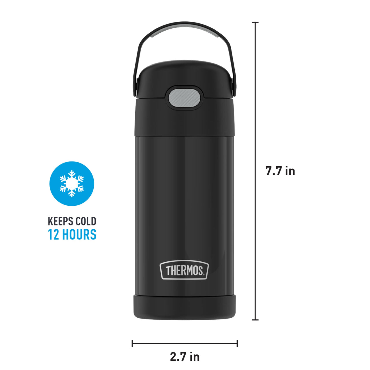 THERMOS FUNTAINER Water Bottle with Straw - 12 Ounce, Black - Kids Stainless Steel Vacuum Insulated Water Bottle with Lid FUNTAINER 12 Ounce Bottle