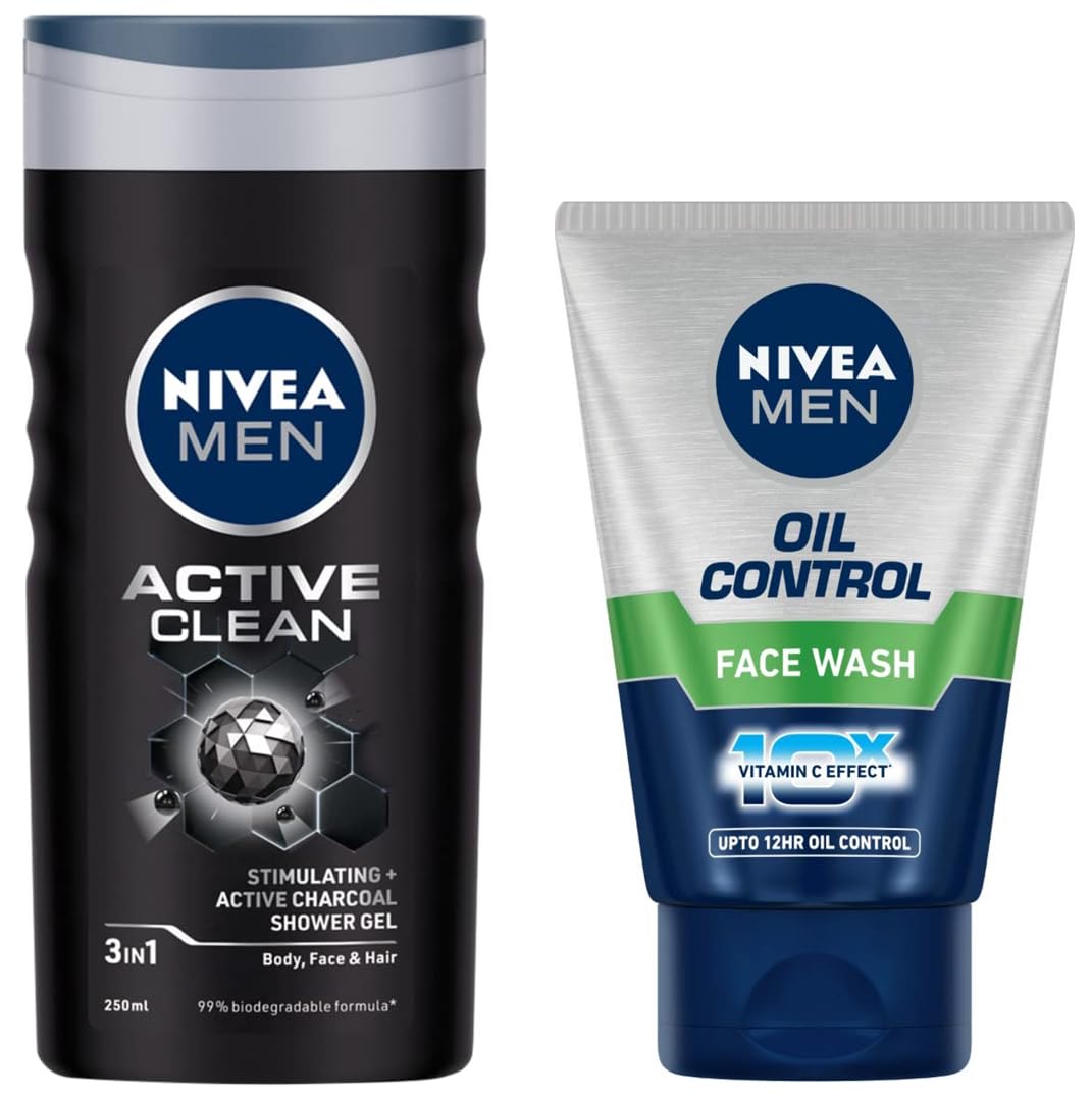 NIVEA Men Shower Gel, Active Clean Body Wash, Men, 250ml And NIVEA Men Face Wash, Oil Control, 10x Vitamin C, 100g
