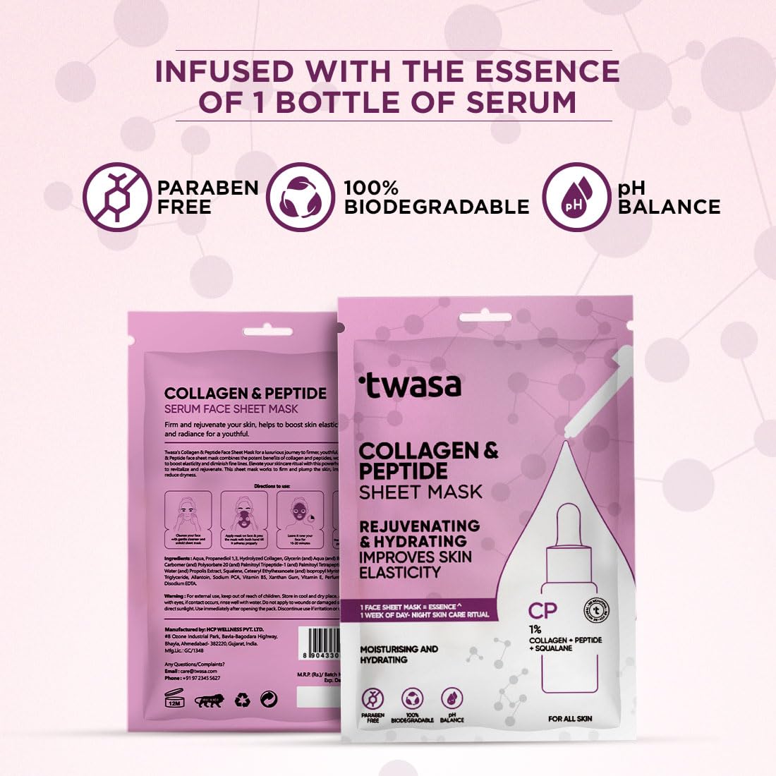 Twasa Collagen & Peptide Serum Face Sheet Mask | Face Mask for Glass Skin | Collagen Mask for Hydrating Overnight Mask, Pore Minimizing (20ml) - Pack of 1
