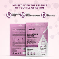 Twasa Collagen & Peptide Serum Face Sheet Mask | Face Mask for Glass Skin | Collagen Mask for Hydrating Overnight Mask, Pore Minimizing (20ml) - Pack of 1