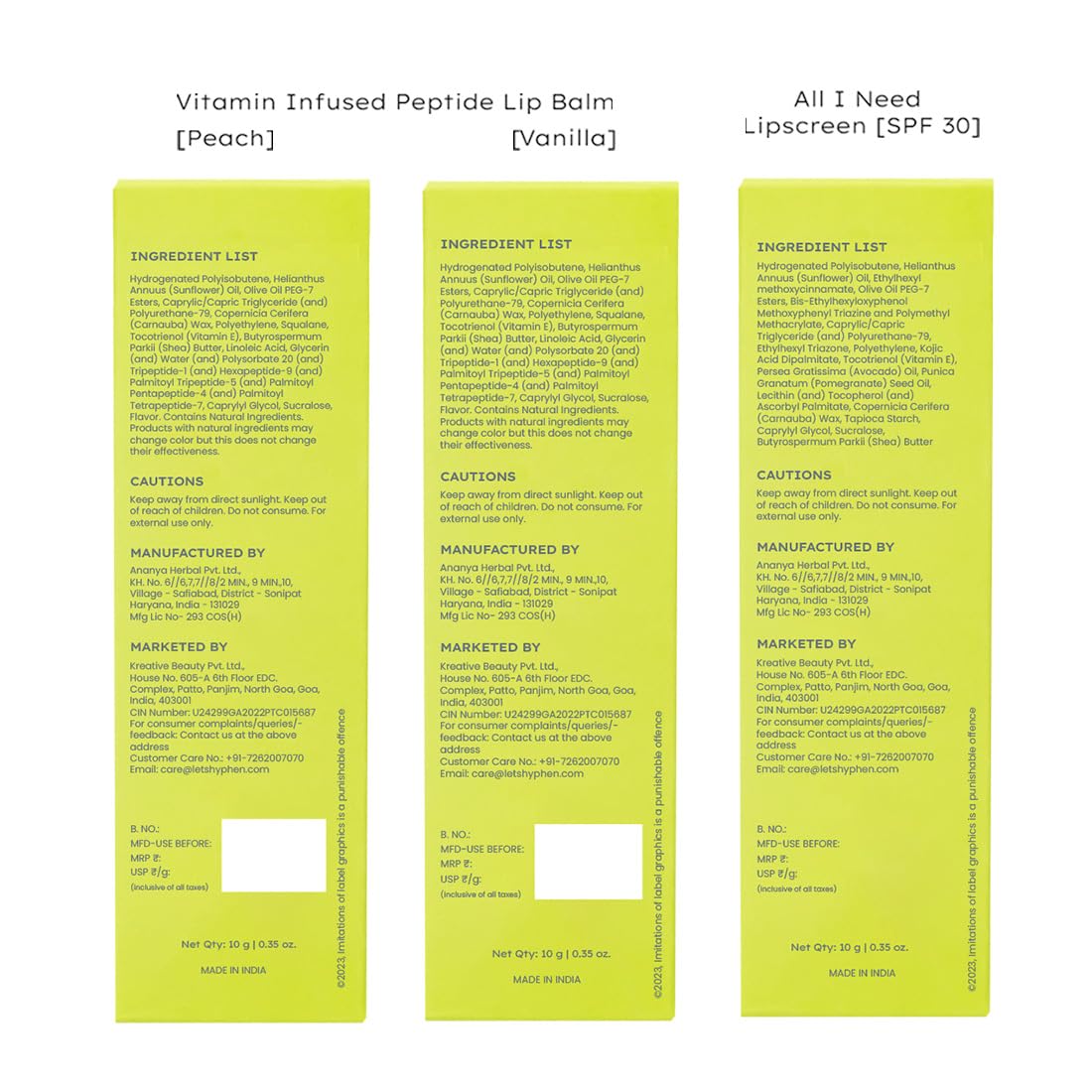 Hyphen Lip care combo for Dry & Chapped Lips | Vanila Lip Balm, Peach Lip Balm & SPF 30 Lip Screen Value Pack of 3 | Hydrating & Moisturizing Lip Balm for Men & Women