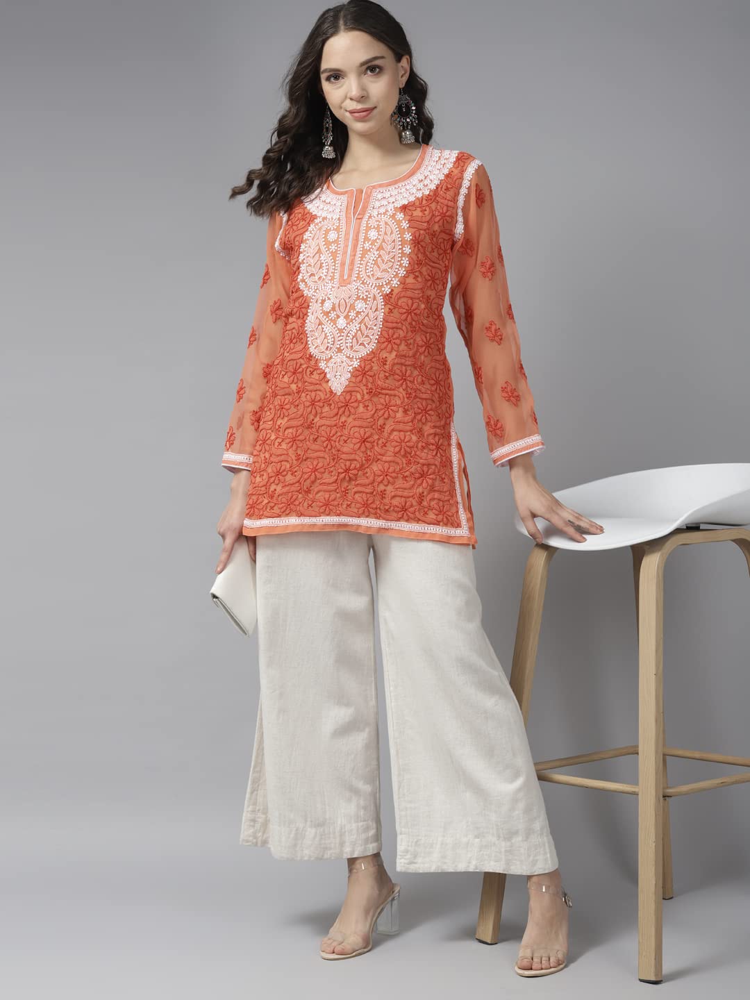 Ada Women's  Hand Embroidered Lucknowi Chikankari Georgette Short Top Kurti with Slip