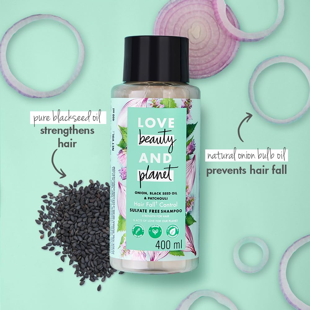 Love Beauty & Planet Onion oil|| Blackseed oil & Patchouli Sulfate Free Hairfall control Shampoo|| No Parabens|| No Dyes|| Patchouli Essential Oil|| 200 ml