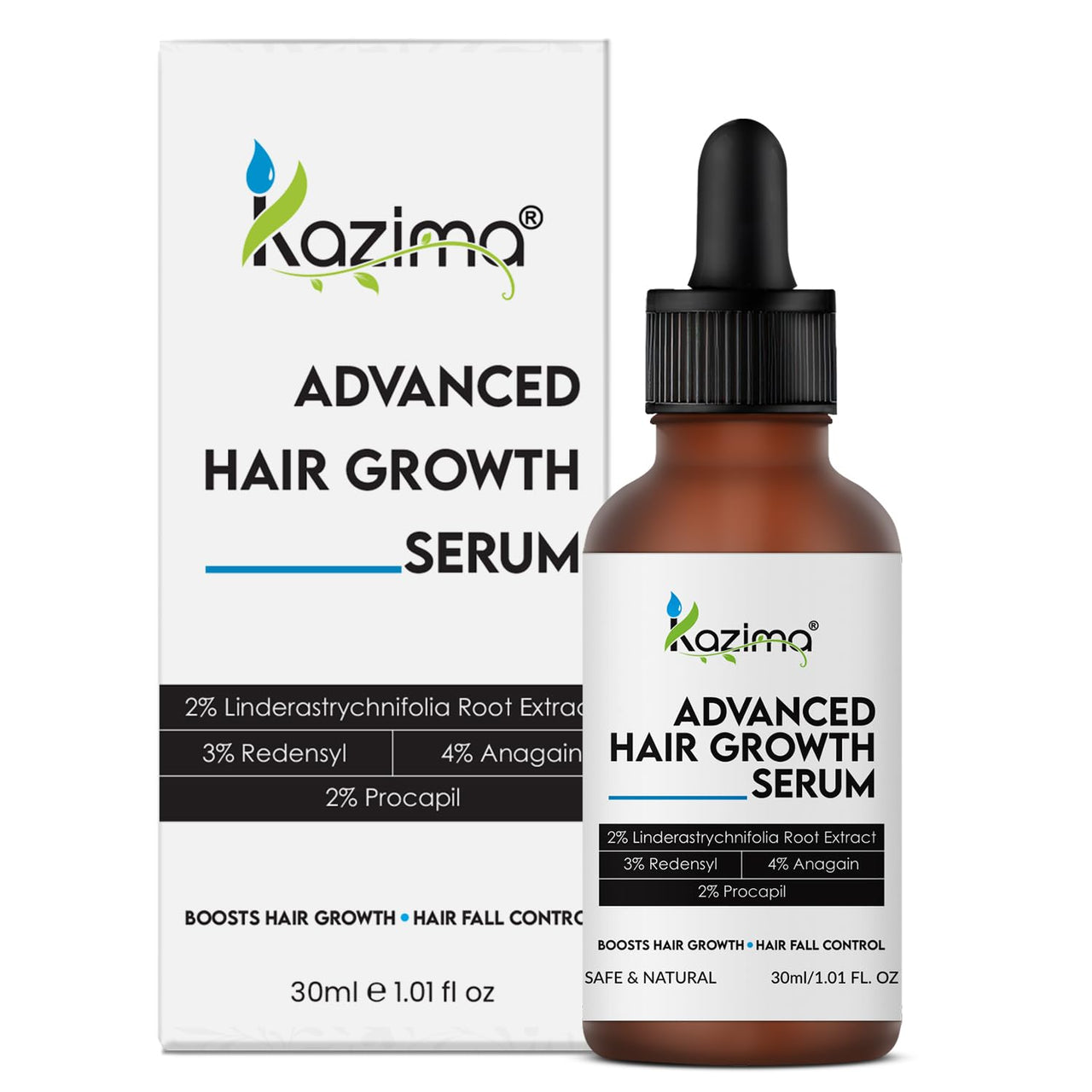 KAZIMA Advanced Hair Growth Serum | 3% Redensyl, 4% Anagain, 2% Procapil, 2% Lindera Strychnifolia, Rosemary & Black Rice Extract | Hair Growth & Hair Fall Control Serum | Boosts Hair Density | 30 ml