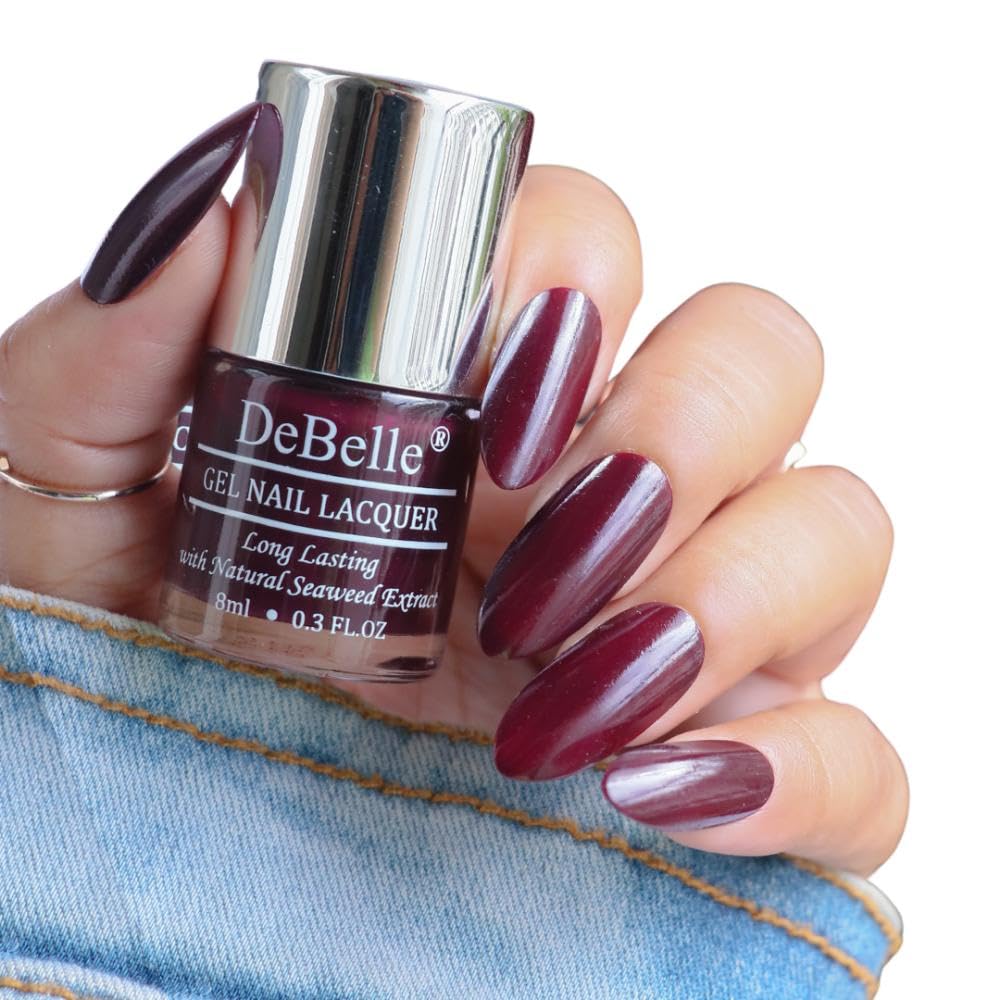 DeBelle Gel Satin Finish Nail Polish Glamorous Garnet (Dark Maroon), 8 Ml - Enriched With Natural Seaweed Extract, Cruelty Free, Toxic Free