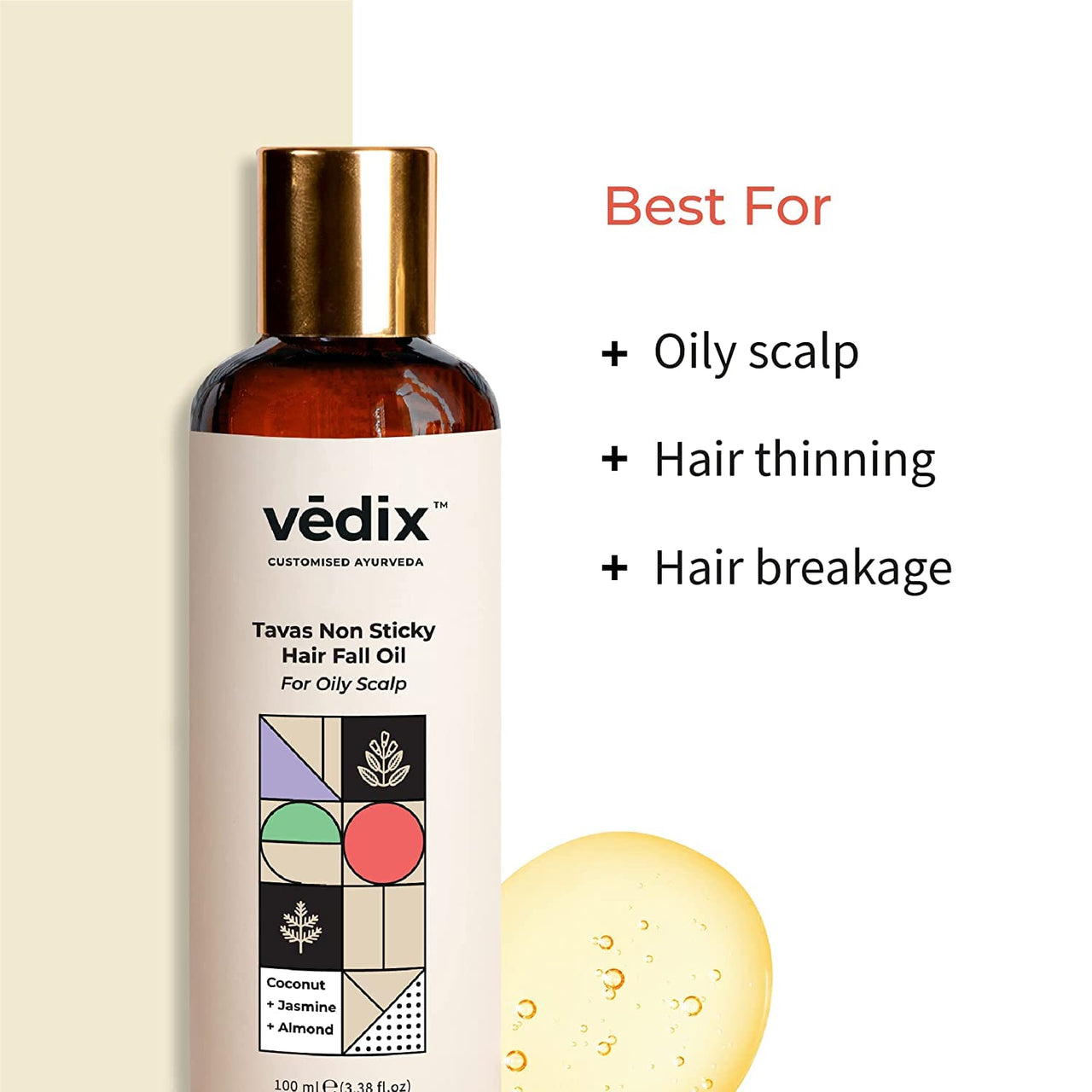 Vedix Customised Ayurvedic Hair Fall Oil | Tavas Non Sticky Hair Fall Oil | For Oily Scalp | With Coconut + Jasmine + Almond | For Reducing Hair Fall | For Hair Growth |100 ml