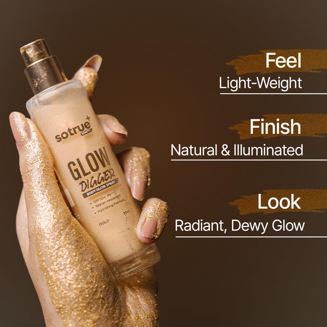 Sotrue Glow Digger Body Glow Spray | Pearlescent Gold Shimmer Mist for Radiant Skin | Lightweight, Waterproof & Non-Greasy Body Highlighter | Hydrating Body Makeup for Women