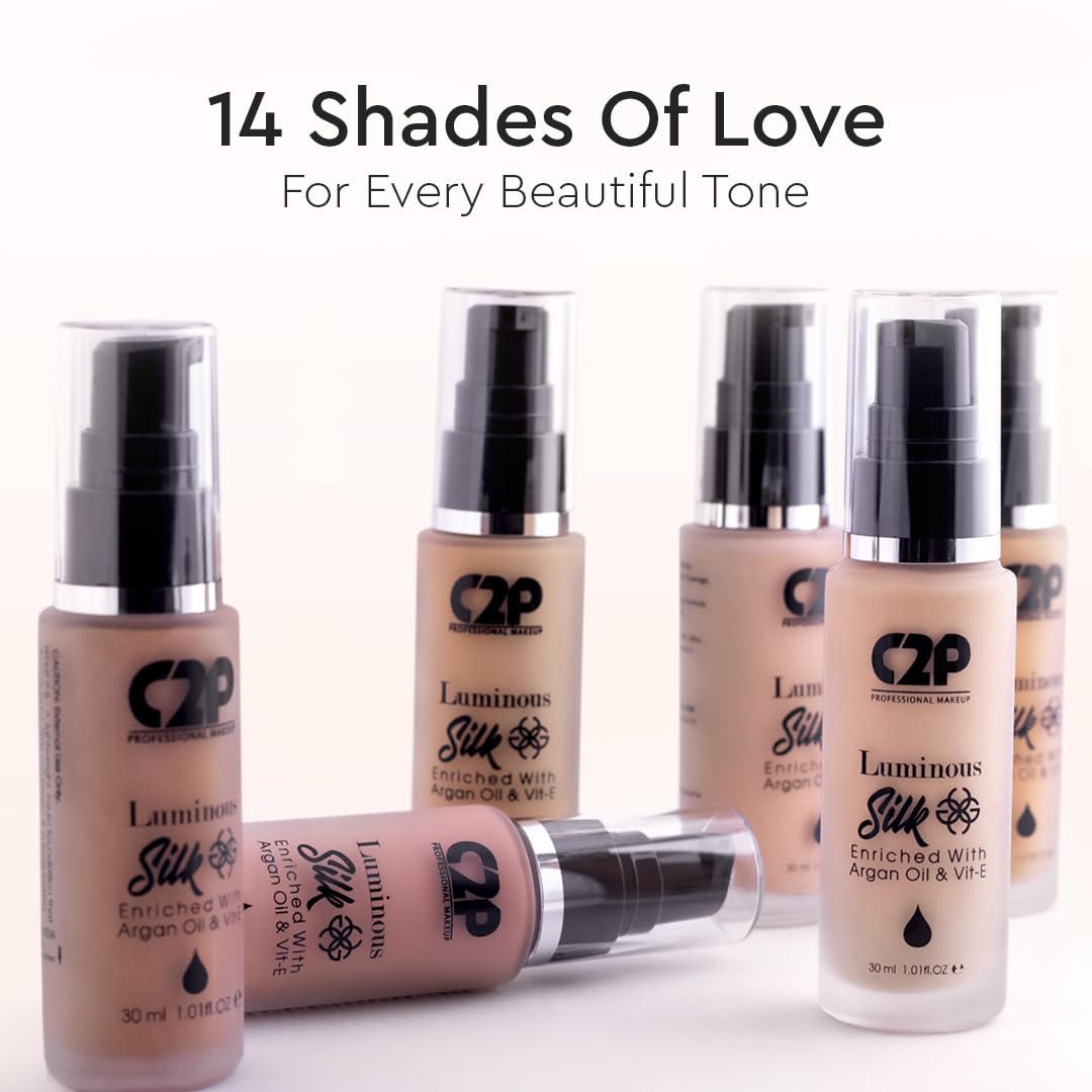 C2P Pro Luminous Silk Liquid Foundation For Women Face Makeup DARK 12, 30 ml | High Coverage For Dry Oily Combination Natural Glowing Skin | Waterproof Long Lasting | Argan Oil & Vitamin E