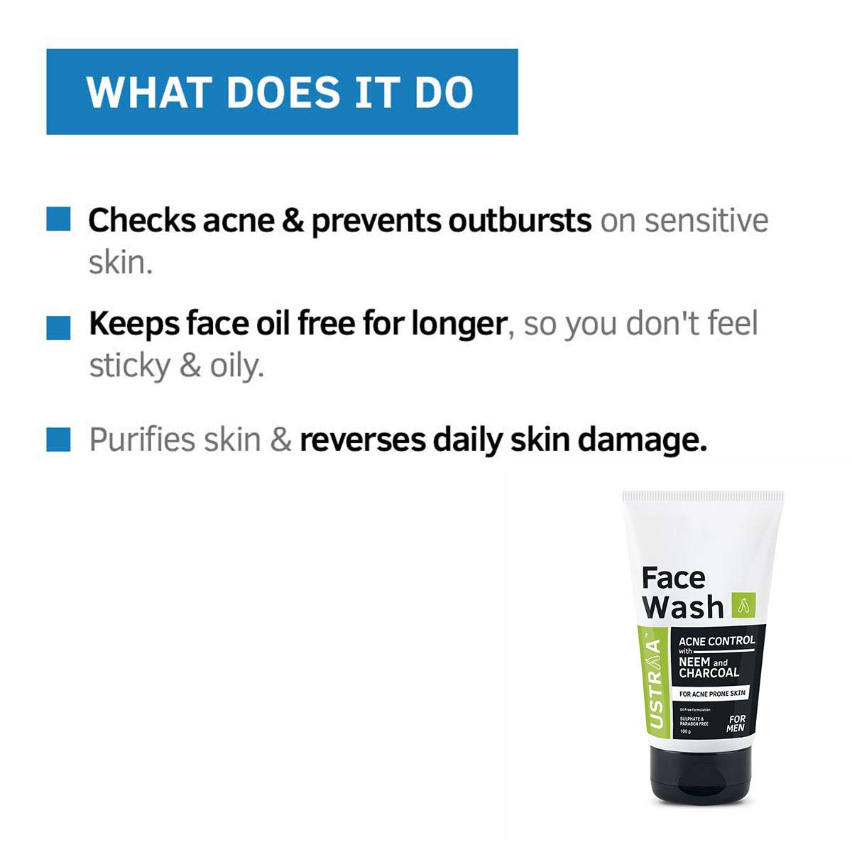 Ustraa Face Wash Acne Control - With Neem & Charcoal - 100g - Oil control, Prevents Acne & Night Cream - De-Tan & Anti-aging Cream for Men - 50g | for Effective Tan Removal