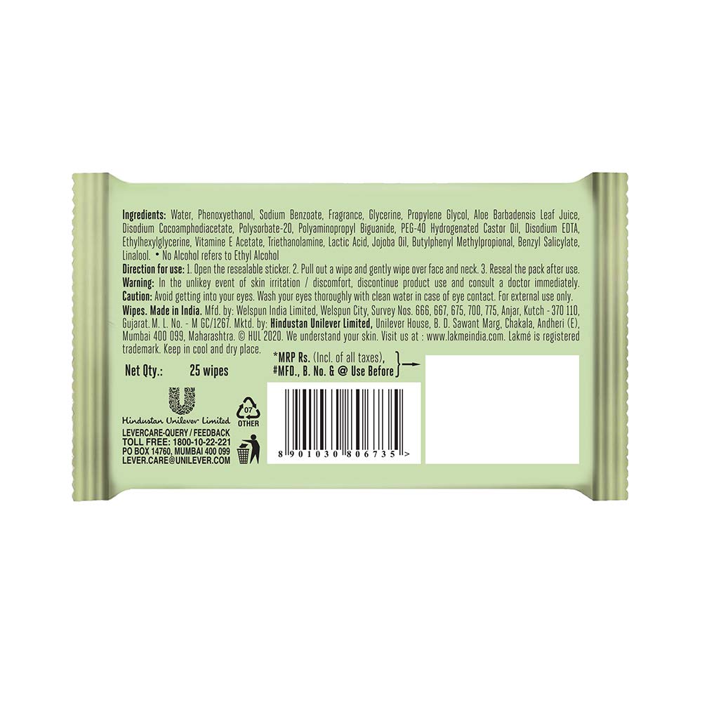 Lakmé 9To5 Natural Aloe Cleansing Wipes, 141 G