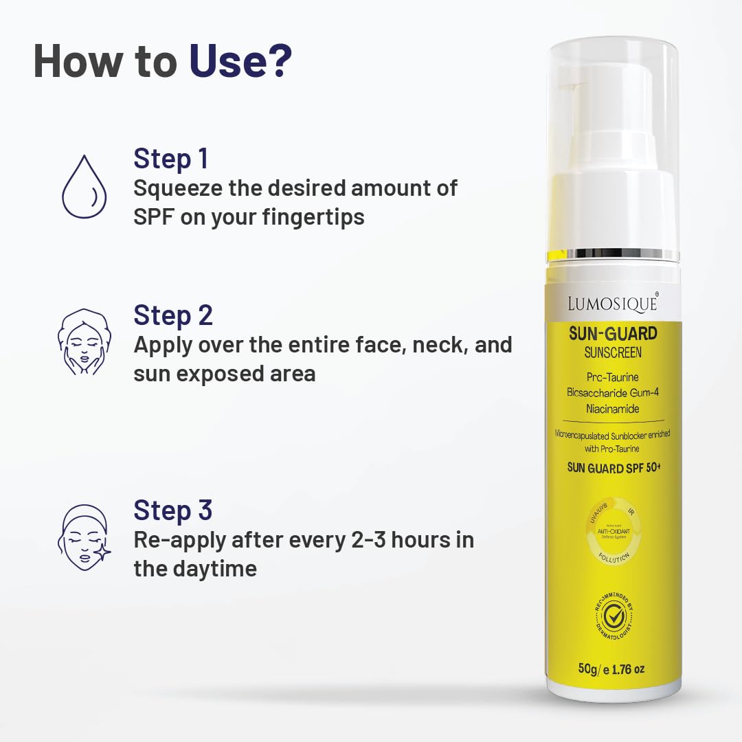 LUMOSIQUE® Sun Guard Sunscreen SPF 50+ for UVB, UVA, IR, Blue Light Protection | Ultra Matte, Broad-Spectrum & No White Cast | Oily, Dry, Sensitive & Combination Skin | for MEN & WOMEN, 50gm