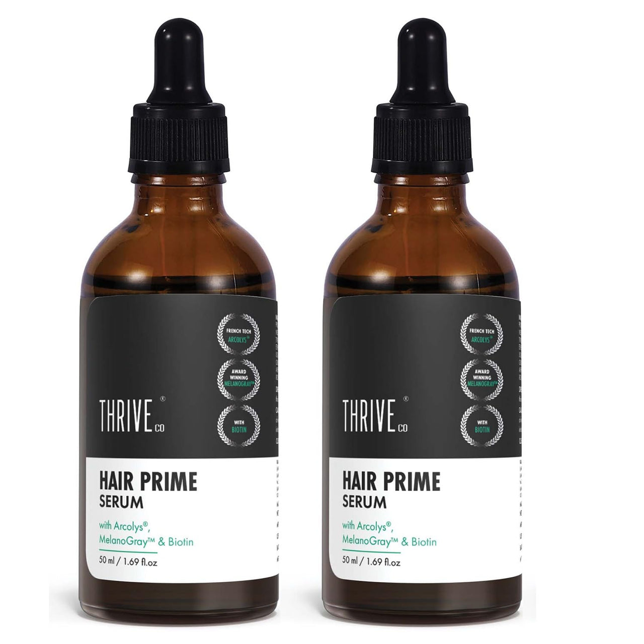 ThriveCo Anti-Grey Hair Prime Serum | Arcolys + Biotin + Black Tea Extract | Light-Weight, Non-Sticky & Odourless | For Men and Women | 50 Ml (Pack of 2)