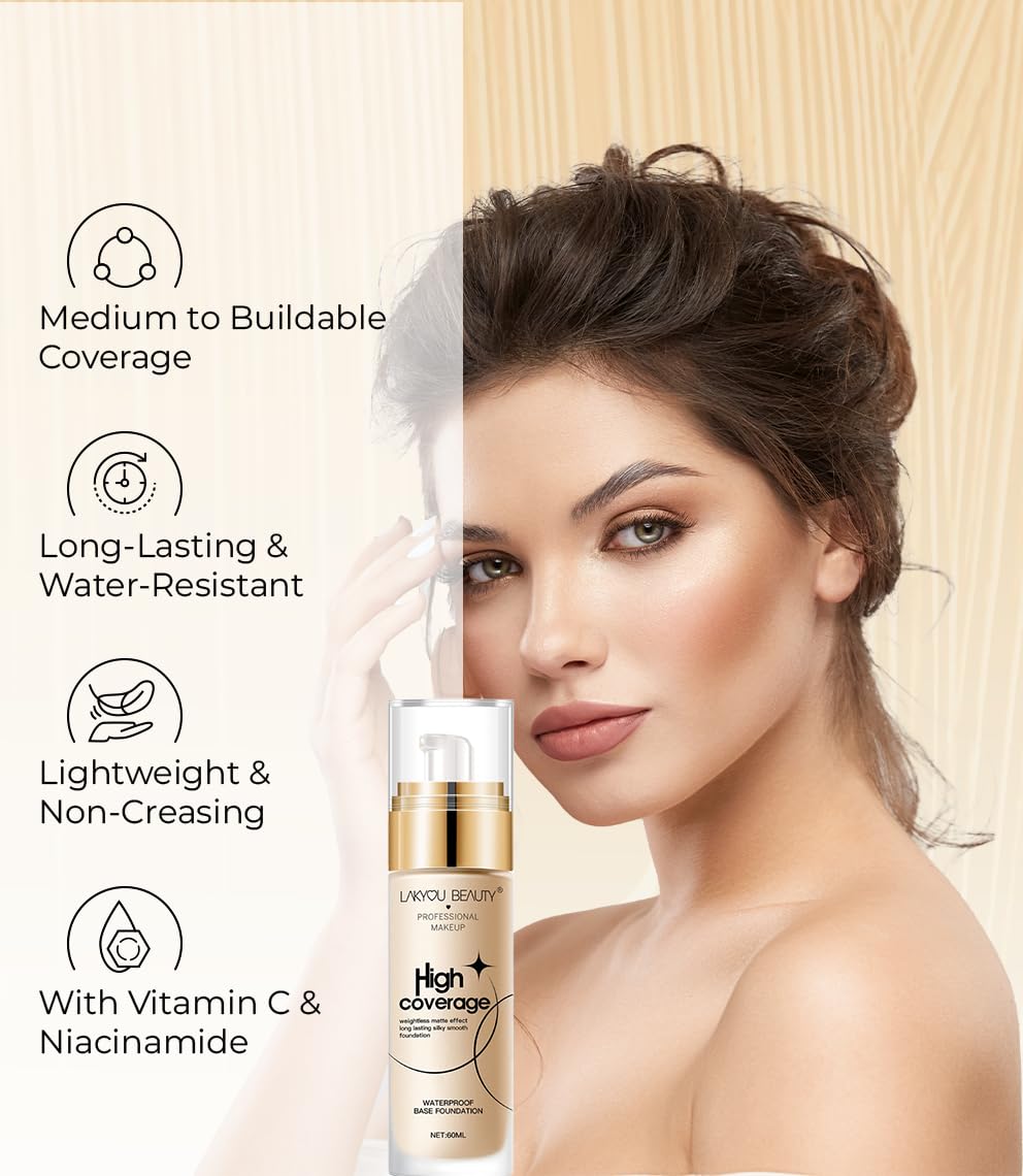Lakyou Beauty High Coverage Foundation | Shade-01(White Ivory) | Lightweight Waterproof Base Makeup | Weightless Matte Effect | Long-Lasting Silky Smooth Finish | 60ml