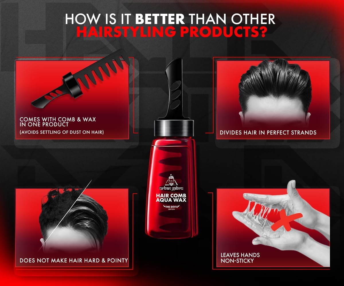 Urbangabru Hair Comb Aqua Wax - The Devil Edition - 260 ML & No Gas Hair Spray 100 ML - Men's  Grooming Combo Kit