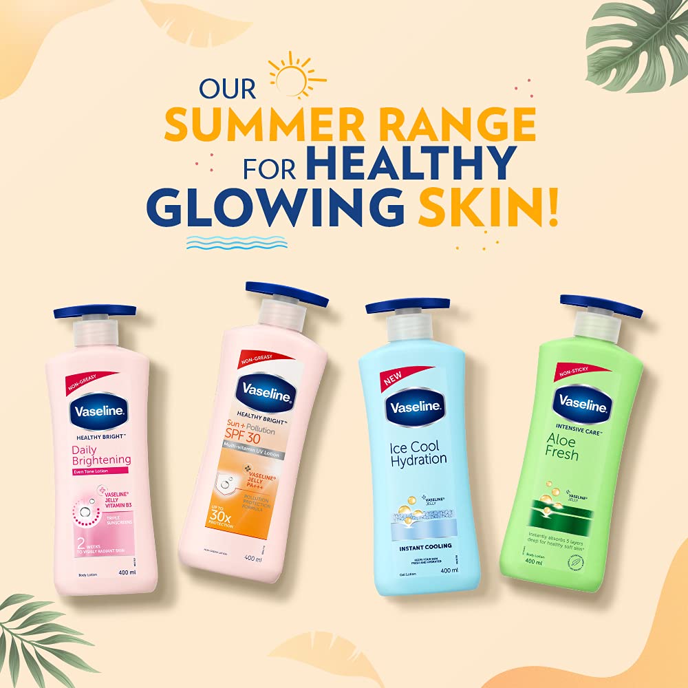 Vaseline Healthy Bright Sun Protection Body Lotion SPF 30 400 ml, Daily Moisturizer for Dry Skin, Gives Non-Greasy Glowing Skin - For Men & Women (Pack of 2)