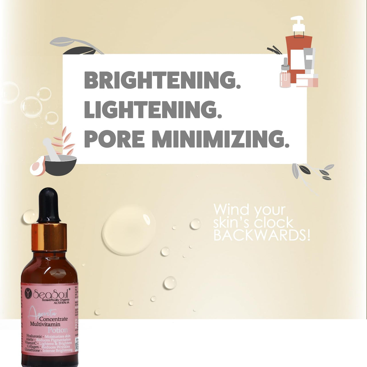 SeaSoul Multivitamin Face Serum with Hyaluronic Acid for Moisturizing, Vitamin C & Glutathione for Skin Brightening, Collagen for Wrinkle Reduction & Azelaic for Acne & Pigmentation Control (30 ml)