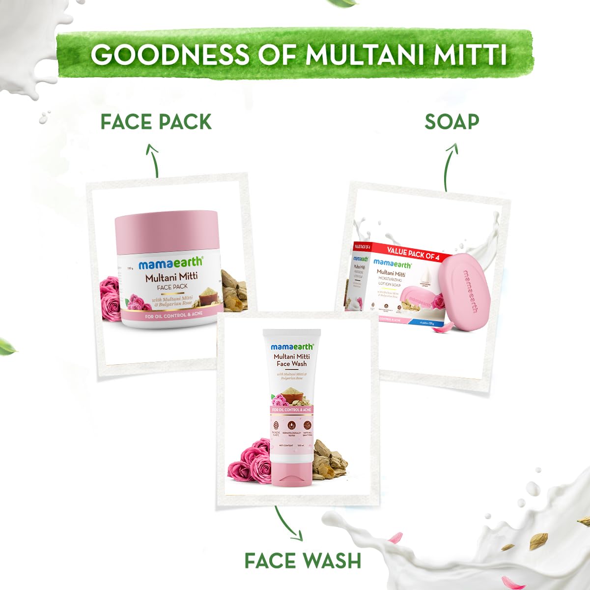 Mamaearth Multani Mitti Moisturizing Lotion Soap with Multani Mitti & Rose for Oil Control & Acne 125g (Pack of 4) | Benefits of Lotion in a Soap | Deeply Cleanses & Moisturizes | Grade 1 Acne Soap