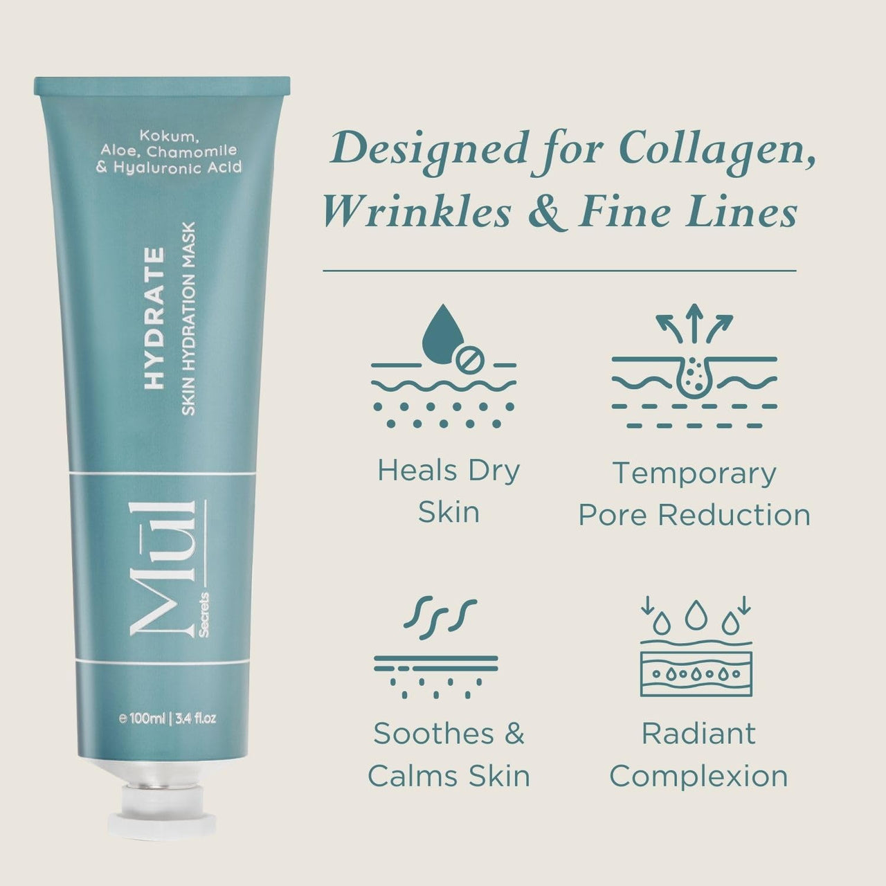 Mul Secrets 100 ml Hydrate Facemask & Scrub - Dry Skin Hydration, Softening, Brightening & Plump Skin - Hyaluronic Acid, Chamomile & Saffron - 30+ Uses - 50mlx2