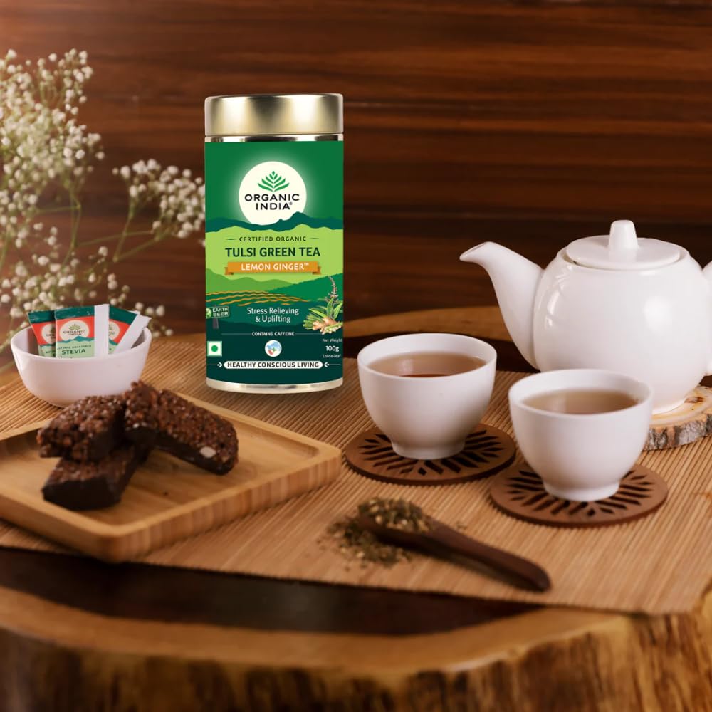 A TATA Product - Organic India Tulsi Green Tea Lemon Ginger - 100g Tin Container, Herbal Blend with Green Tea, Tulsi, Lemon & Ginger, Supports Digestion, Refreshing Taste, Natural Ingredients