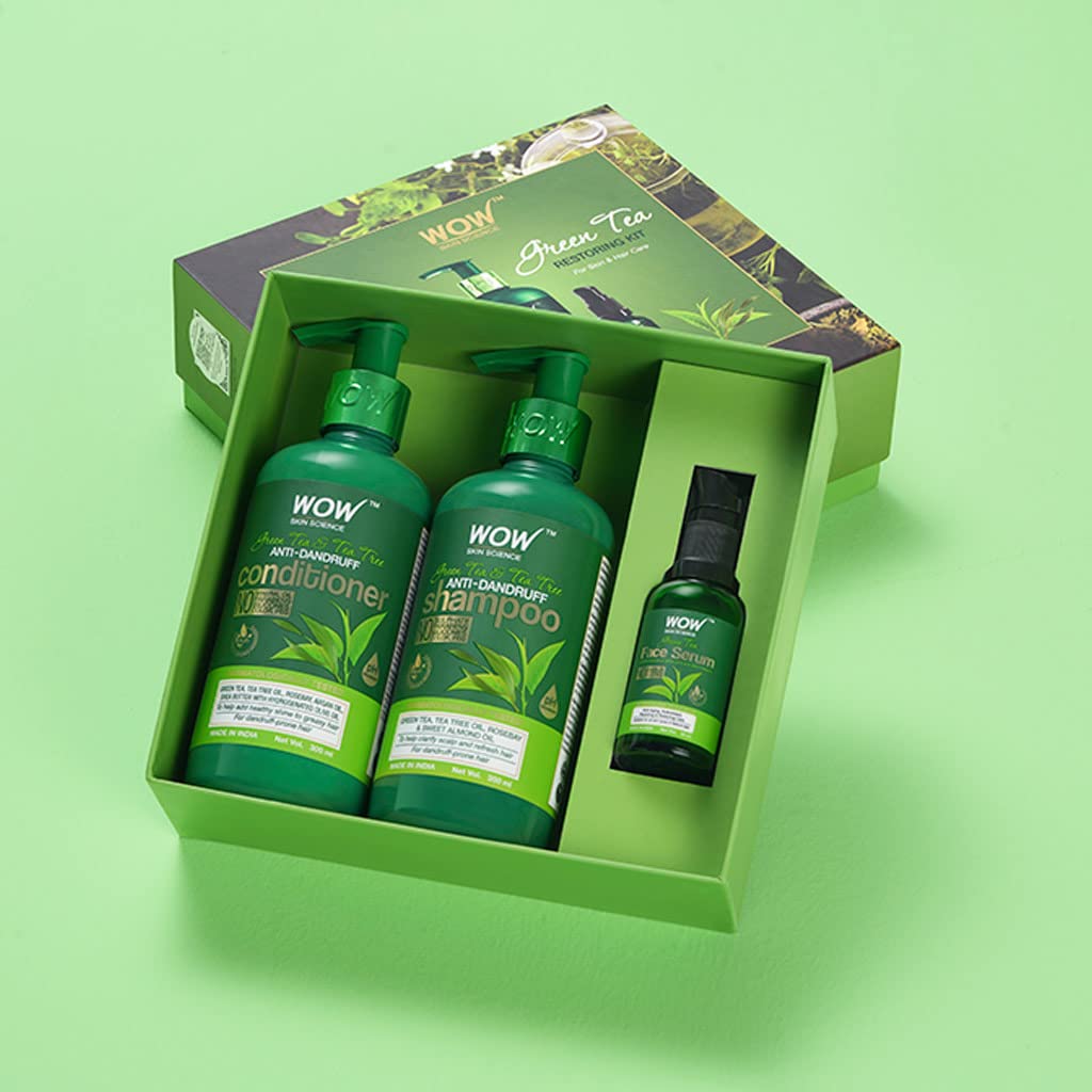 WOW Skin Science Green Tea Restoring Gift Kit for Men & Women | Premium Luxury Gift Set | Diwali Gift Kit | Skin & Hair Care | Shampoo, Conditioner, Face Serum | Combo Pack of 3
