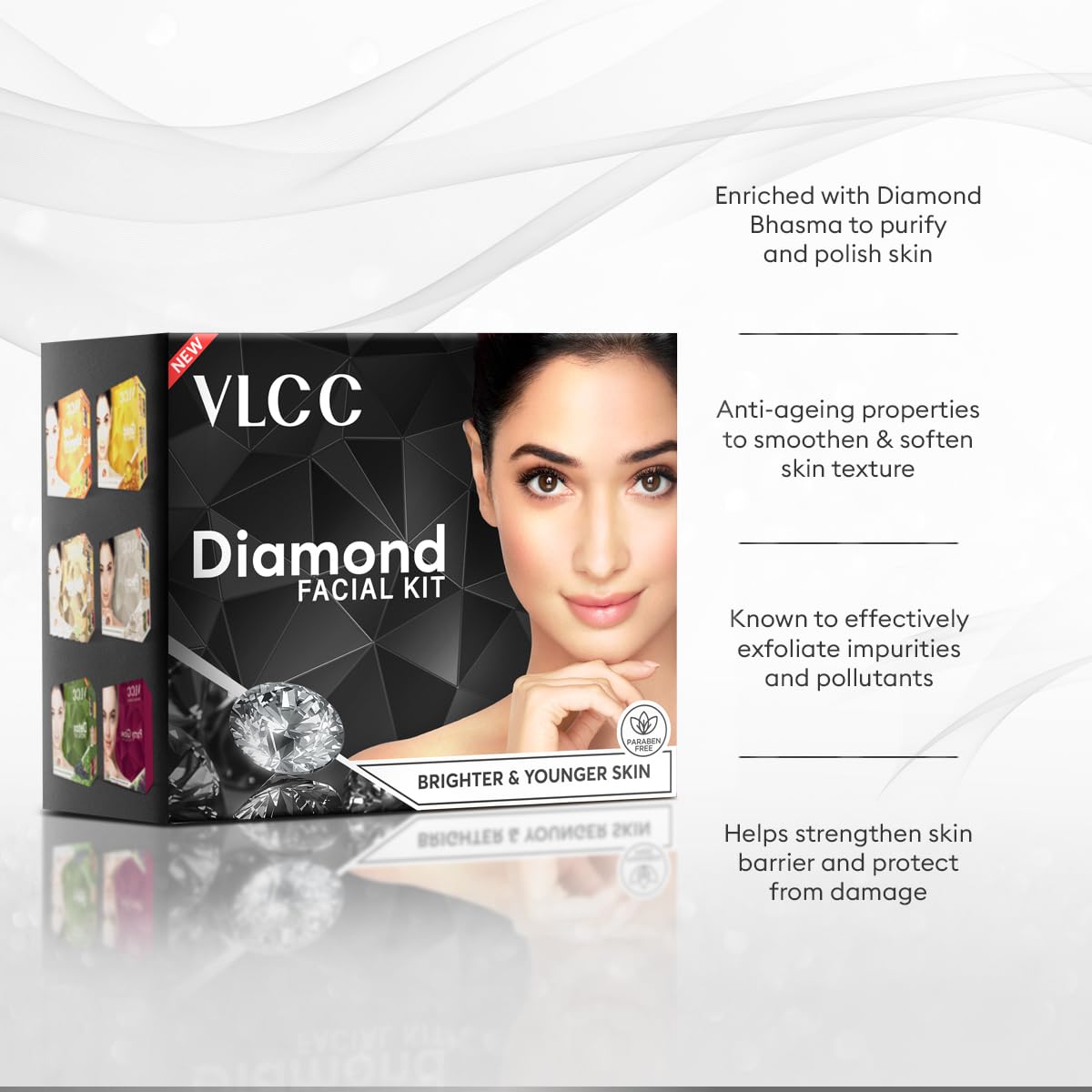 VLCC Diamond Facial Kit - 60g | Skin Purifying with Parlour Glow | Improves Skin Elasticity, Brightens and Helps Lighten Patchy, Damaged Skin | with Colloidal Diamond, Aloe Vera, Jojoba & Olive Oil