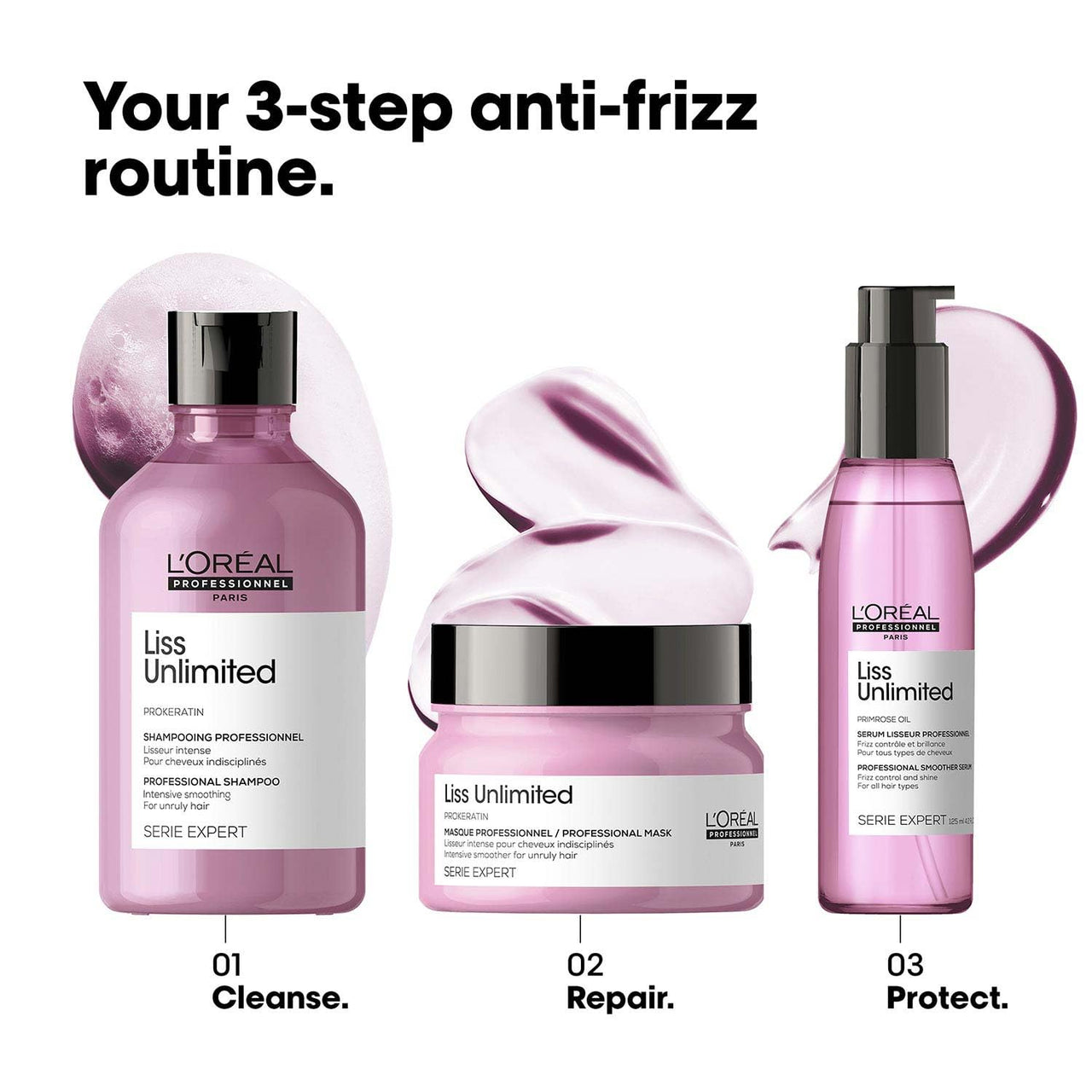 L'OREAL PROFESSIONNEL PARIS Serie Expert Liss Unlimited Blow Dry Serum, 125Ml & Serie Expert Liss Unlimited Shampoo, Controls Frizz Adds Shine With Prokeratin Complex