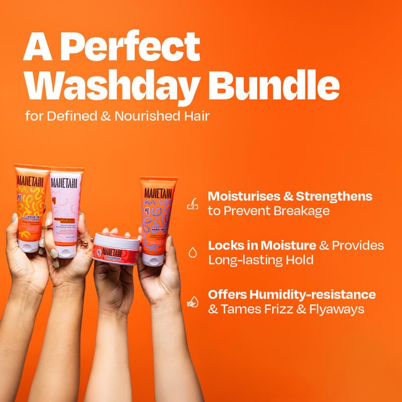 MANETAIN Washday Bundle Mini Size 2 - Complete Curly Hair Care Set | Moisturizing Shampoo 100ml | Multipurpose Conditioner 100gm | Leave-In Conditioner 100ml and Hard Hold Gel 100ml | Hydrating, Strengthening & Frizz Control | CG-Friendly