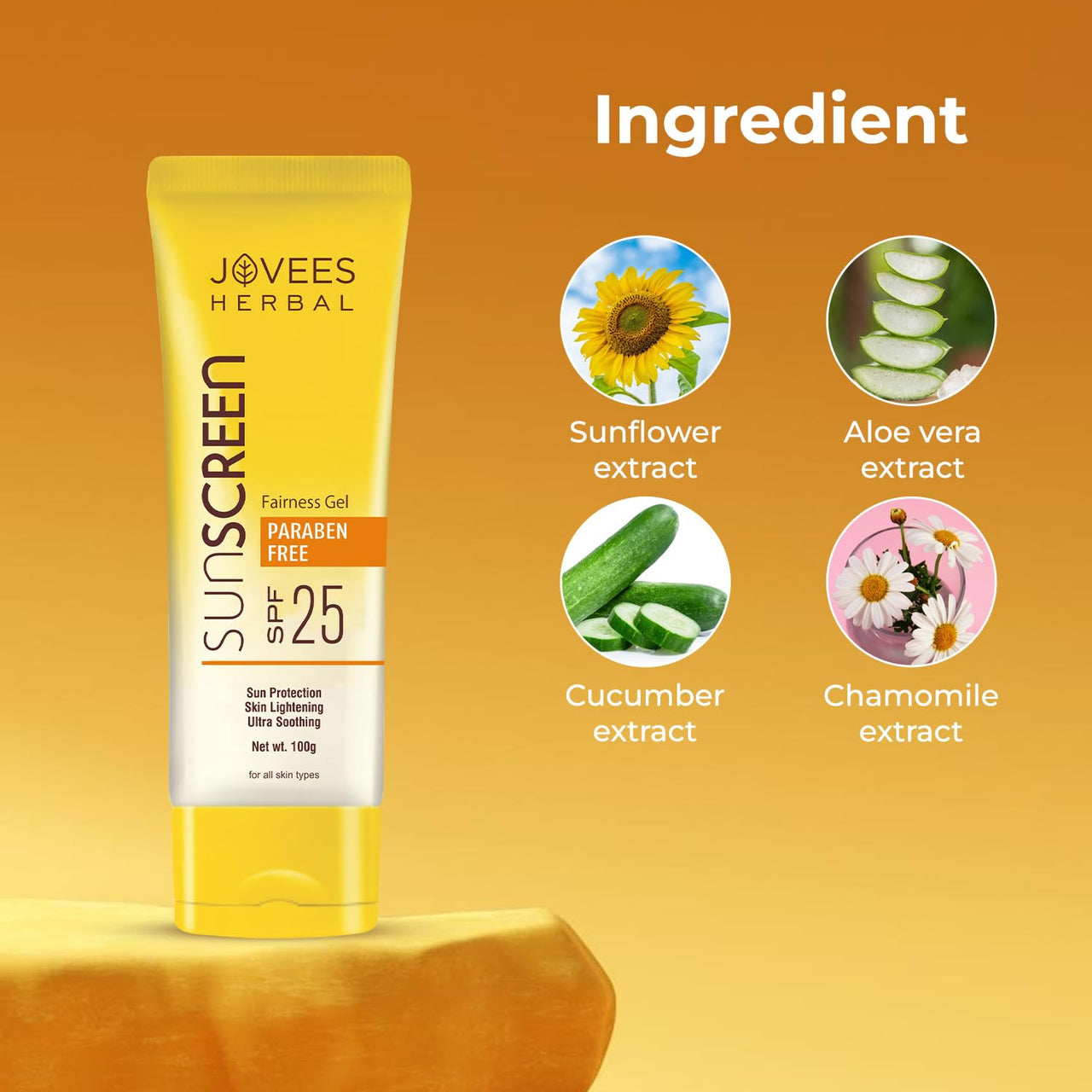 Jovees Herbal Sunscreen Fairness Gel SPF 25 For Tanning & Sun Damage | Oily, Sensitive, Dry Skin | Sunscreen For protect Your Skin with Lightweight & No White Cast Formula | Women/Men 100g