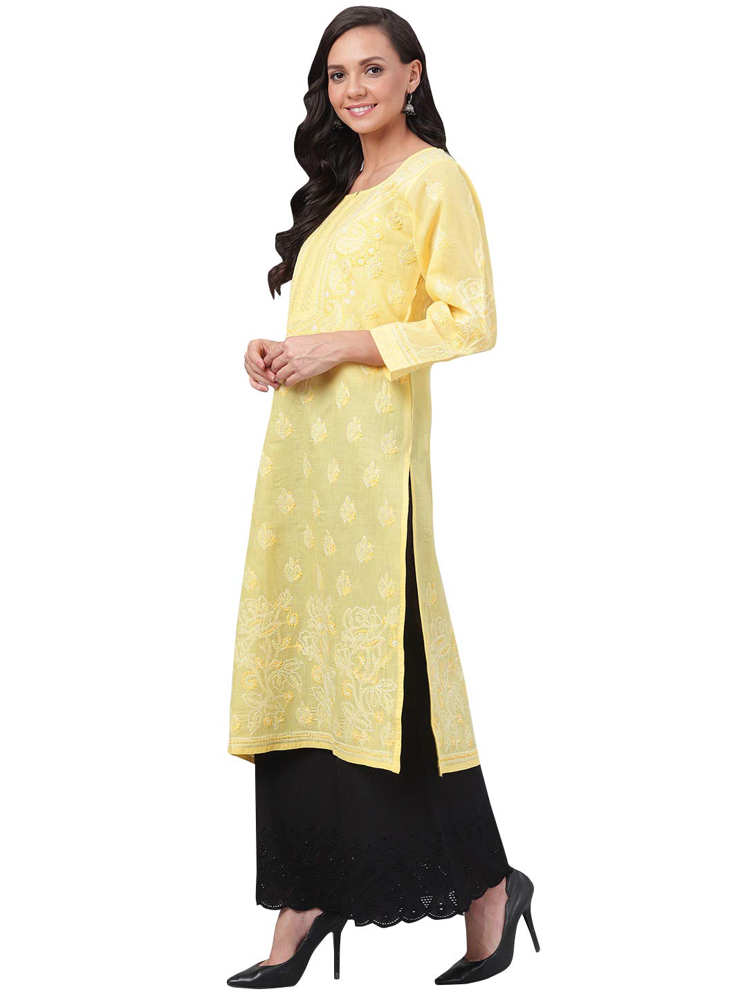 Ada Hand Embroidered Lucknowi Chikankari Straight Cotton Kurti Kurta for Women A220999 White 2XL