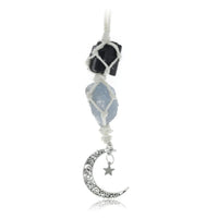 BOHO GARDEN Hanging Car Charm - Black Tourmaline & Blue Calcite - Dangling Moon & Healing Crystal Accessories, Rearview Mirror Decorations - Confidence, Calmness, Creativity, Protection, Communication Tourmaline-blue Calcite