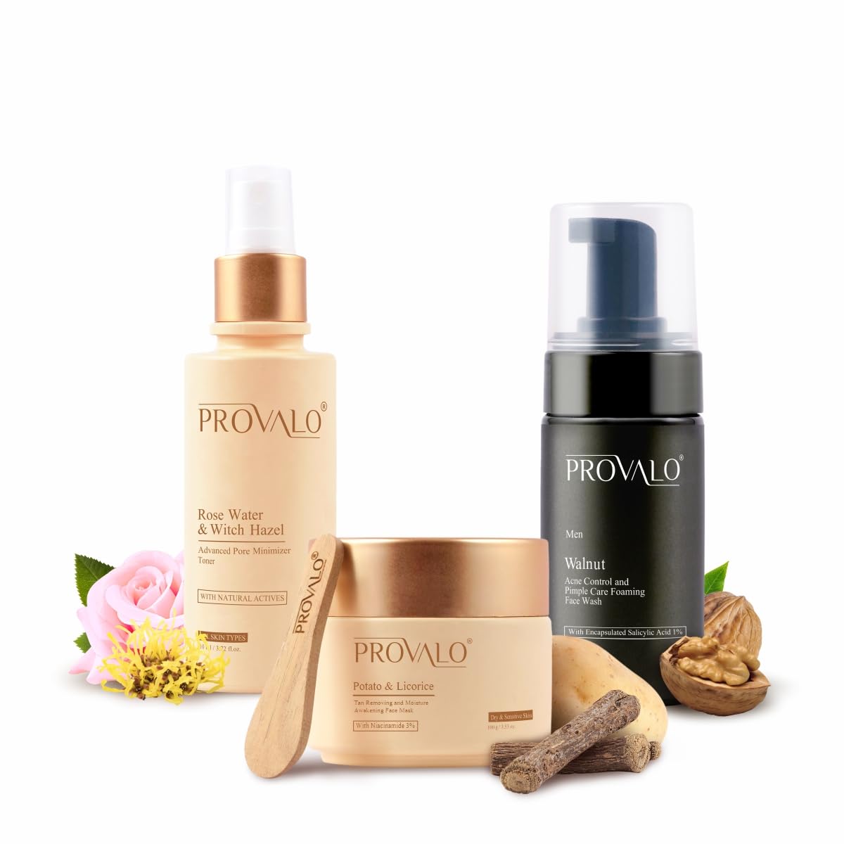 Provalo Men Care Kit Combo - Face Toner - 110ml, Mask - 100ml, Walnut Face Wash - 100ml | Pore Cleansing Hydration Regime(Salicylic Acid- 1%) For Dry & Sensitive Skin |Gift Hamper For Men | Premium Gift Packaging