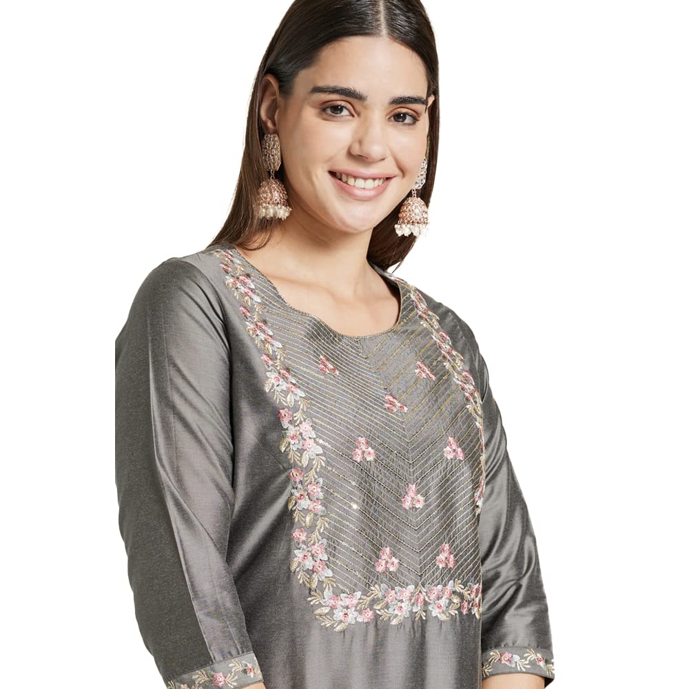 Kashish Women's  Viscose Embroidered Round Neck Straight Fit Kurta