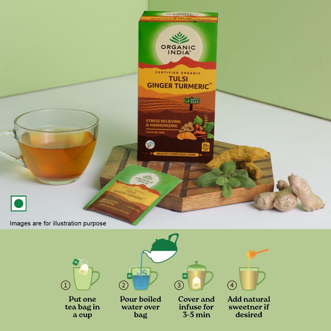 A TATA Product - Organic India Tulsi Ginger Turmeric - 25 Tea Bags, Boosts Immunity, Supports Healing & Recovery, Rich in Antioxidants, Made with Tulsi, Turmeric, Cinnamon, and Pepper