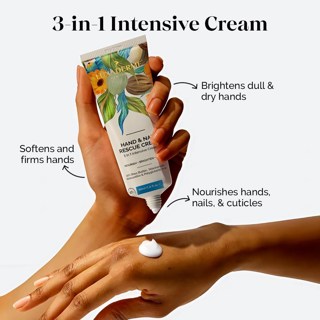 LuxaDerme Korean Hand & Nail Rescue Cream | Nourishes, Brightens, and Firms Dry Hands |10% Shea Butter, 2% Niacinamide & Astaxanthin, Korean Skincare - 50ml