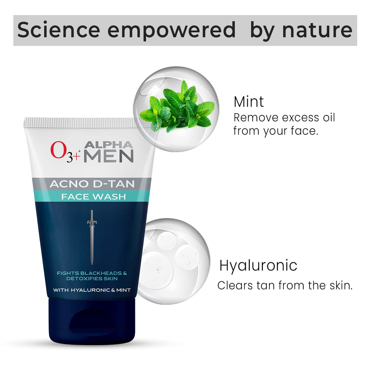O3+ ALPHA MEN Acno D-TAN Face Wash with Hyaluronic & Mint | Fights Blackheads & Detoxifies Skin, 50ml