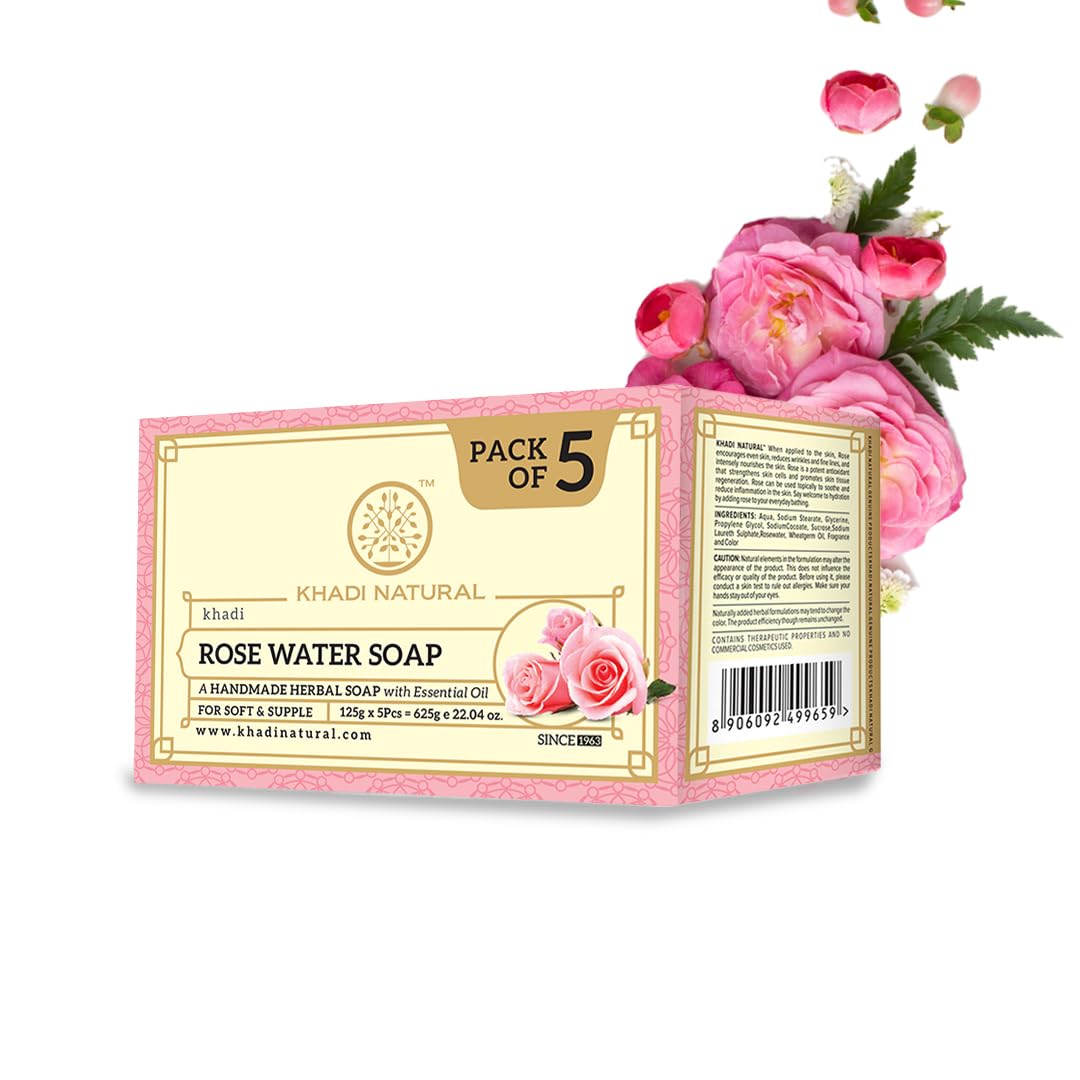 KHADI NATURAL Ayurvedic Rosewater Handmade Soap| Hyderates & Nourishes Skin| Vitamin-Rich | Maintains pH Levels | Softens & Rejuvenates (Pack of 5) (5x125 g) (625 g)