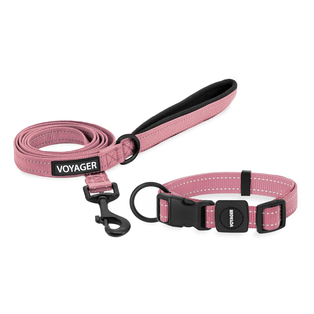 Voyager Reflective Dog Leash Collar Set with Neoprene Handle Supports Small, Medium, and Large Breed Puppies, Cute and Heavy Duty for Walking, Running, and Training - Pink, L Leash Collar Set (Pink) Leash Collar Set (1")