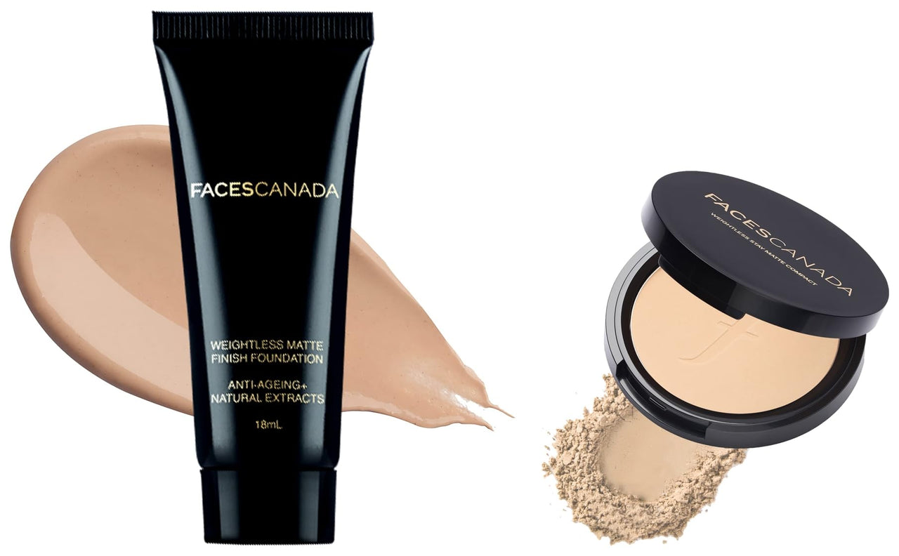 FACESCANADA Weightless Light Coverage Matte Finish Foundation For Oily Skin oil Mini,18Ml,Natural 02,1 Count&Weightless Stay Matte Compact Powder Vitamin E&Shea Butter,Spf 20 Natural 02,9G,Pack Of 1